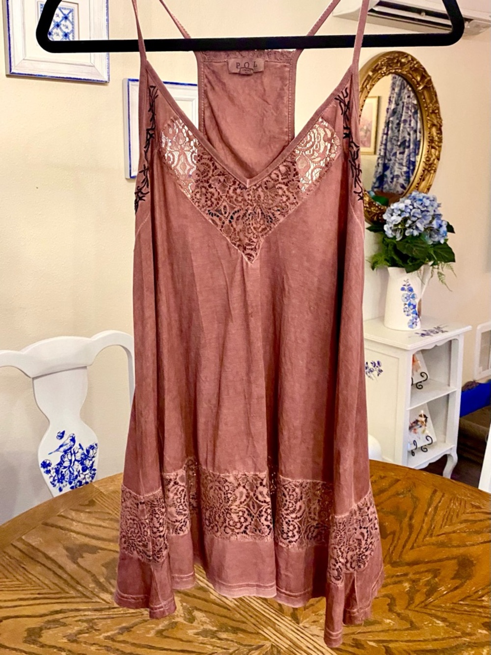 POL tank top with Lace Trim in Mauve size medium.